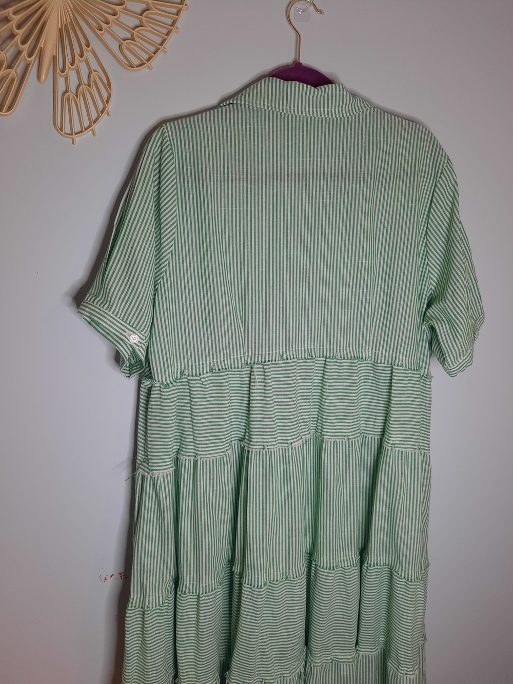 Umgee Sz XL, Mint Green Striped Tiered Midi Dress Raw Hem, Button Collared Style - Picture 5 of 6